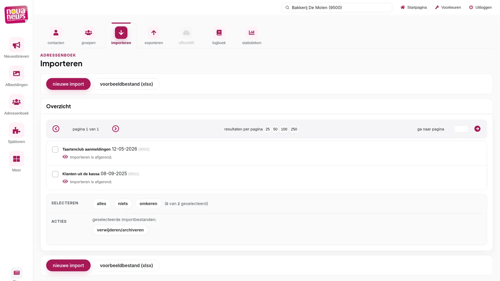 Adressenboek met de tabs contacten, groepen, importeren, exporteren en statistieken