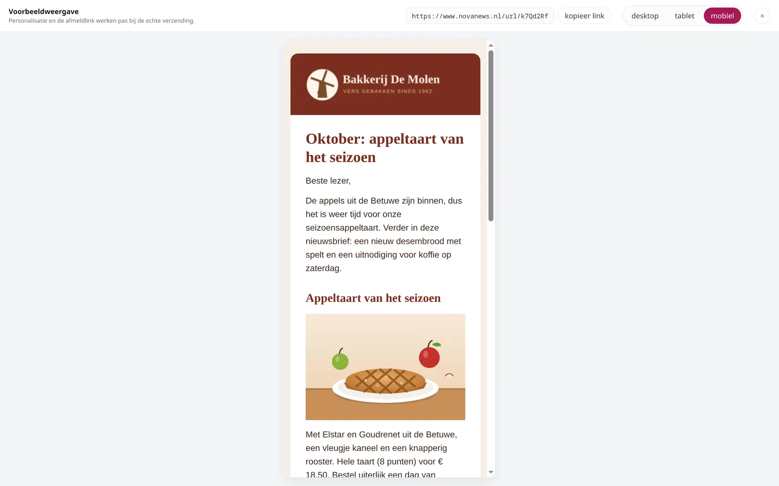 Voorbeeld van een nieuwsbrief in mobiele weergave met de schakelaar desktop, tablet en mobiel